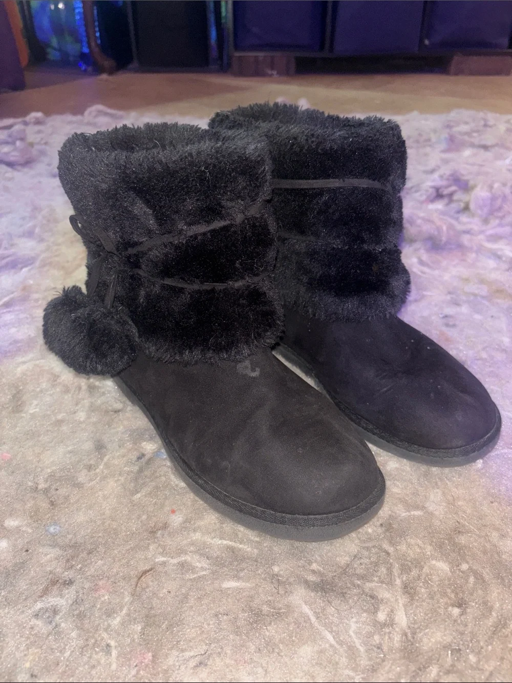 Women’s Black Faux-Fur Ankle Winter Boots with Pom Pom Detail